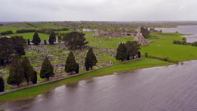 Smooth aerial parallax of Clonmacnoise settlement, cemetery and River Shannon
