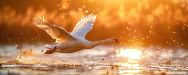 A majestic swan glides over tranquil waters bathed in the warm golden light of the setting sun. - obrazy, fototapety, plakaty