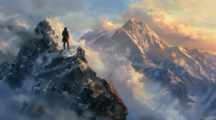 As he stands on the mountain peak, the young man feels a surge of inspiration and excitement at the endless possibilities that lie ahead on his journey