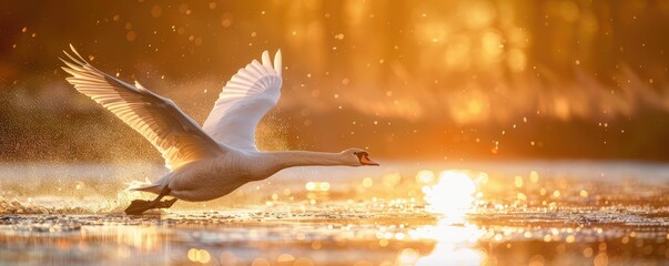 A majestic swan glides over tranquil waters bathed in the warm golden light of the setting sun.