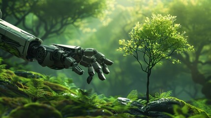 Amongst the sea of green, a robot arm reaches out to contribute to the growth of nature by planting a tree - obrazy, fototapety, plakaty