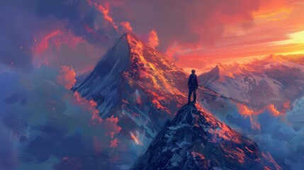 As he stands on the mountain peak, the young man feels a surge of inspiration and excitement at the endless possibilities that lie ahead on his journey - obrazy, fototapety, plakaty