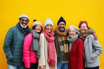 Group of diverse senior friends wearing warm clothing against yellow background with copy space - Powered by Adobe