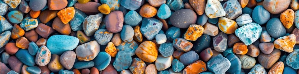 A vivid array of smoothly polished beach pebbles in various colors creates a harmonious texture...