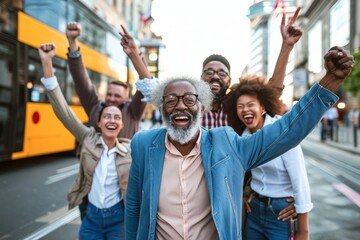 Group of cheerful multiethnic friends having fun together on the street.