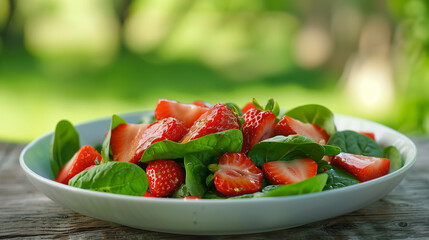 A bowl of freshly picked strawberries and spinach displayed on a wooden table. Copy space. Blurred background. Summer mood.