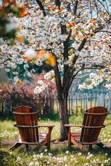 Retreat With Wooden  Chairs Under Blossoming Tree - 793600682