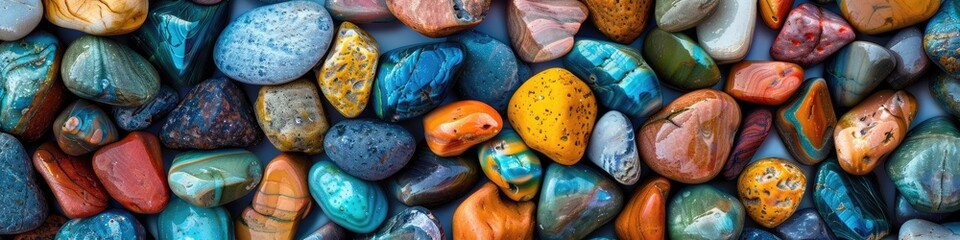 A vivid array of smoothly polished beach pebbles in various colors creates a harmonious texture perfect for backgrounds or designs.