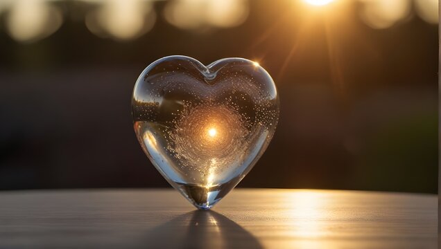 a heart shaped object sitting on top of a wooden table with the sun shining through the lens of the heart on top of the table is a piece of wood.generative.ai 