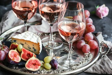 Elegant Wine and Gourmet Cheese Appetizer Selection on a Vintage Tray