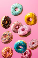 Colorful Donuts Suspend Mid-Air Against a Pink Background, Creating a Whimsical Display