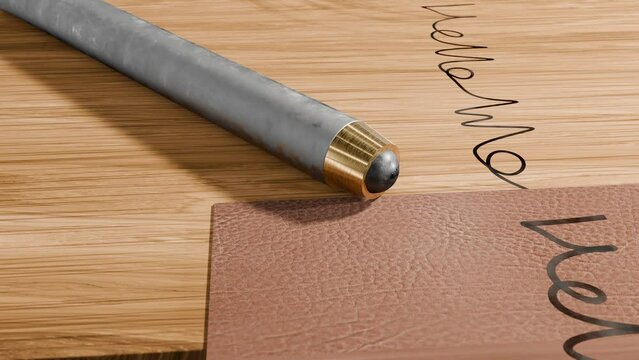 3D animation of an old fashioned ball point pen on a wooden table