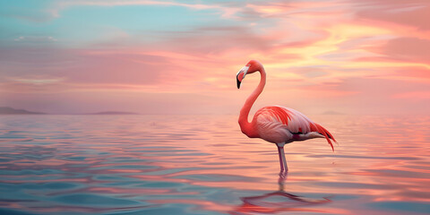 Beautiful pink lonely flamingo in the water  at vibrant Sunset  - obrazy, fototapety, plakaty
