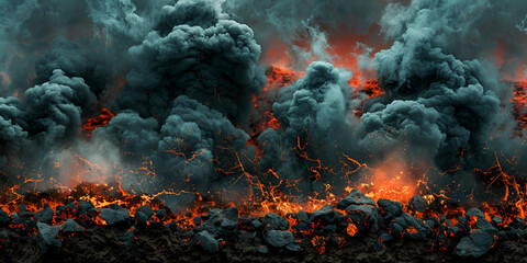 Realistic Volcano Lava,Black Rock Striation with Lava Veins and smoke Vibrant Raking Contemporary Background Image - obrazy, fototapety, plakaty