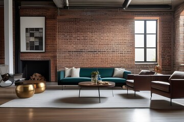 An industrial living room with exposed brick walls, featuring a sleek wooden cabinet and curated decor items.
