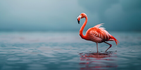 Red American flamingo bird walking in the dark  water and reflection
 - obrazy, fototapety, plakaty