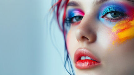 A young female with vibrant and colorful makeup, showcasing bold and bright colors on her face. Copy space.