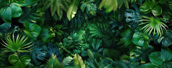wallpaper with dense green tropical jungle foliage presenting various shades and leaf types. copy space for text. - obrazy, fototapety, plakaty