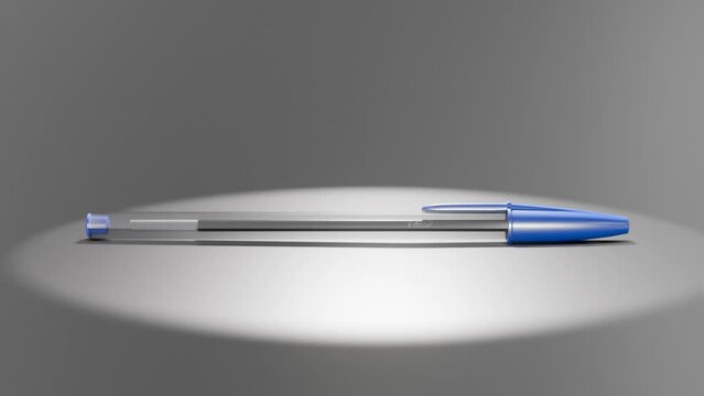 3D animation of a blue BIC pen on a white background with a spotlight