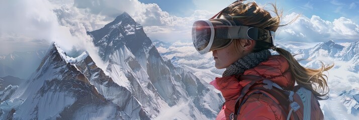 Suffering from a fear of heights, a mountain climber challenged herself by scaling a holographic Mount Everest, the virtual wind whipping at her hair as she reached the simulated summit - obrazy, fototapety, plakaty