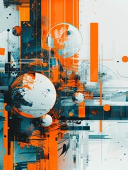 Explore the intersection of art and technology by integrating orange and blue elements into a visually engaging composition inspired by modern digital aesthetics