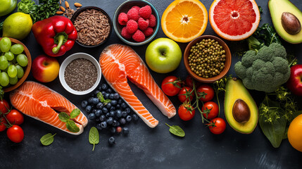 set of nutritious foods for a balanced diet, fruits, vegetables, lean proteins and whole grains,...