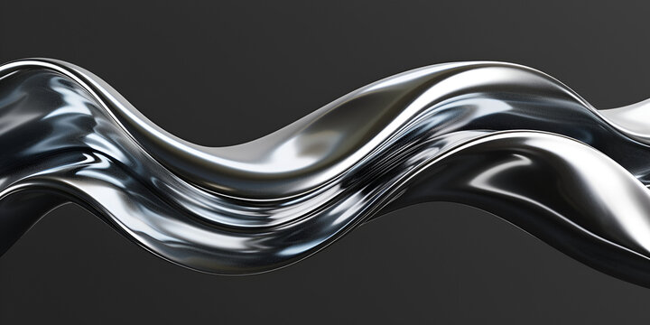 Abstract fluid metal bent form Metallic shiny curved wave in motion Cut out design element steel texture effect on dark background,

