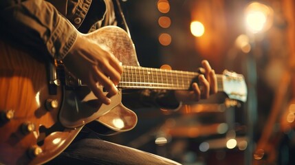 Fototapeta premium Repetition of rock music band. Cropped image of electric guitar player. Rehearsal base.