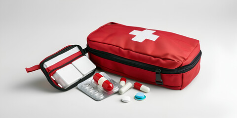 Emergency First Aid Kit, Medical Emergency Supplies for Health Care and Safety, Isolated on white background for Rescue and Treatment Support 