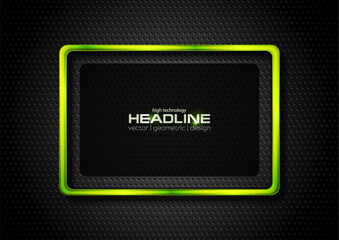 Black perforated background with green glossy rectangle frame. Geometric tech vector design