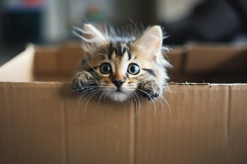 The fluffy kitten stared curiously at the edge of the box.