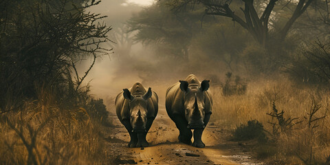 
rhinoceroses in the African Savannah, endangered animal species,  - obrazy, fototapety, plakaty