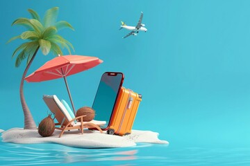 3D vector, deck chairs for sitting, beach umbrella and coconut tree with suitcases, plane taking off, summer vacation concept.