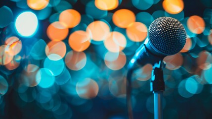 A dynamic microphone with a detailed close-up set against a colorful bokeh light backdrop.