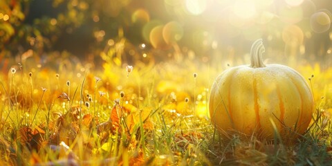 Golden sunlight illuminates a ripe pumpkin in a field surrounded by autumnal foliage.