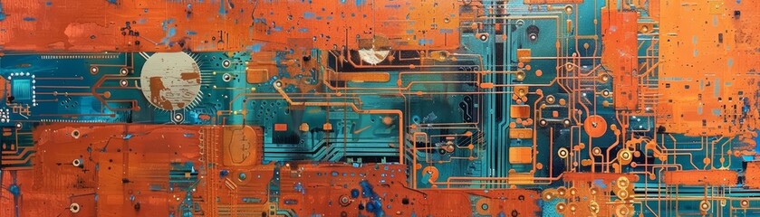 Incorporate intricate circuit board designs into your artwork, using shades of orange and blue to bring depth and dimension to the piece