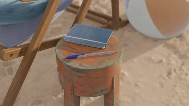 3D animation of a blue BIC pen on a table on the beach
