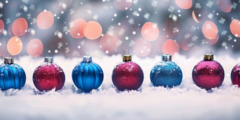 Vibrant Christmas ornaments resting on snow with a backdrop of festive lights, symbolizing holiday celebrations.