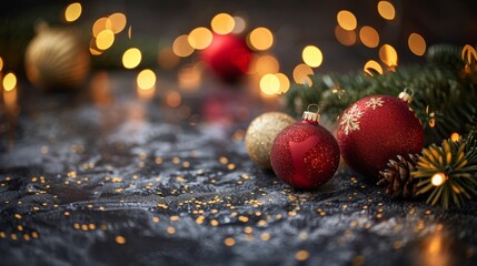 Naklejka premium Close-up of red and gold Christmas baubles with soft bokeh lights creating a warm holiday atmosphere.