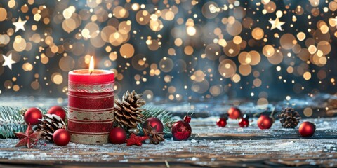 A lit red candle with seasonal decorations and Christmas balls on a festive glittery background.