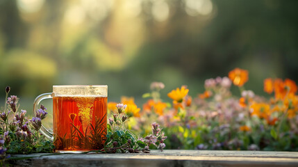 Herbal tea outdoors with copy space - obrazy, fototapety, plakaty