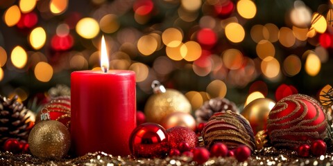 Red burning candle surrounded by Christmas ornaments and pinecones with soft glowing lights.