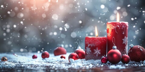 Lit red candles surrounded by Christmas balls and snow, evoking festive warmth.