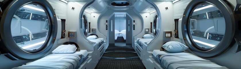 Sleeping pods on a spaceship came equipped with builtin straps, gently cradling astronauts during their slumber, preventing them from bumping into the walls during their weightless dreams - obrazy, fototapety, plakaty