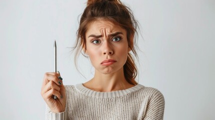 Obraz premium Woman with an exaggerated sad and frustrated expression whilst holding a pen