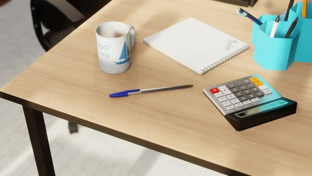3D animation of a blue BIC pen on a table surrounded by stationery equipment