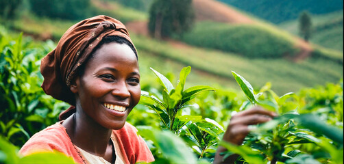 An African girl picks tea on a plantation. Generative AI