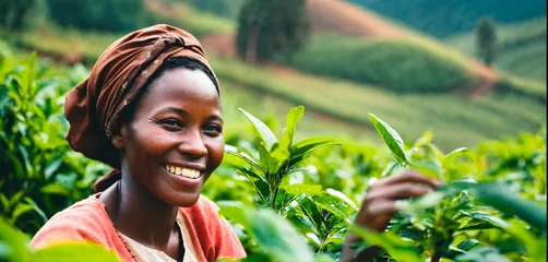 Foto op Canvas An African girl picks tea on a plantation. Generative AI © Yan Gordiza