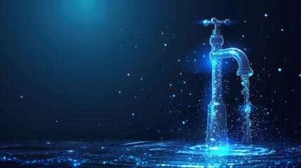 Water tap with valve and drop, from futuristic polygonal blue lines and glowing stars for banner, poster, greeting card. AI generated
