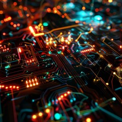 A close up of a computer chip with many lights on it